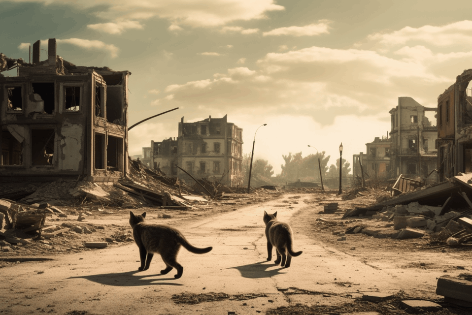 cats in destroyed city